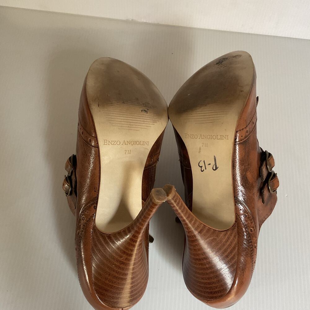 Vintage Enzo Angiolini Brown Leather Fringe Heels Double Buckle Pumps Size 7M - Picture 7 of 10